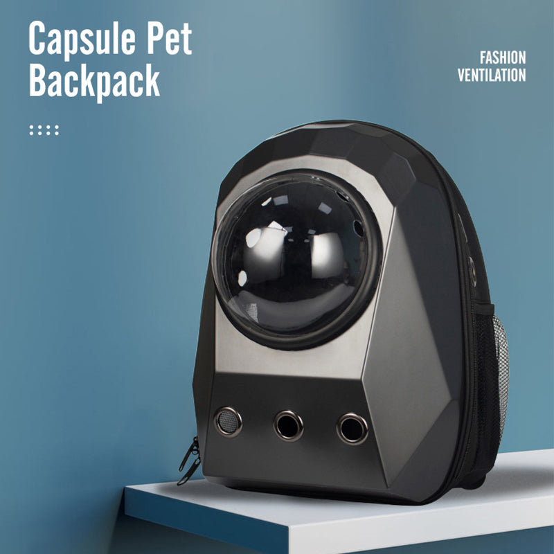 Capsule pet backpack with geometric design on a blue background