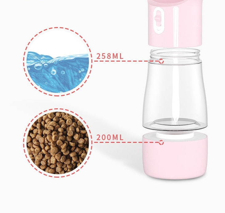 Clear and pink pet water bottle with measurements for water and food on a white background