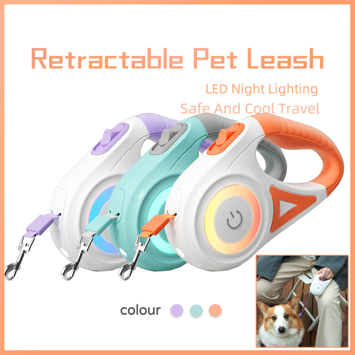 Retractable Dog Leash with Collar and Safety Spotlight