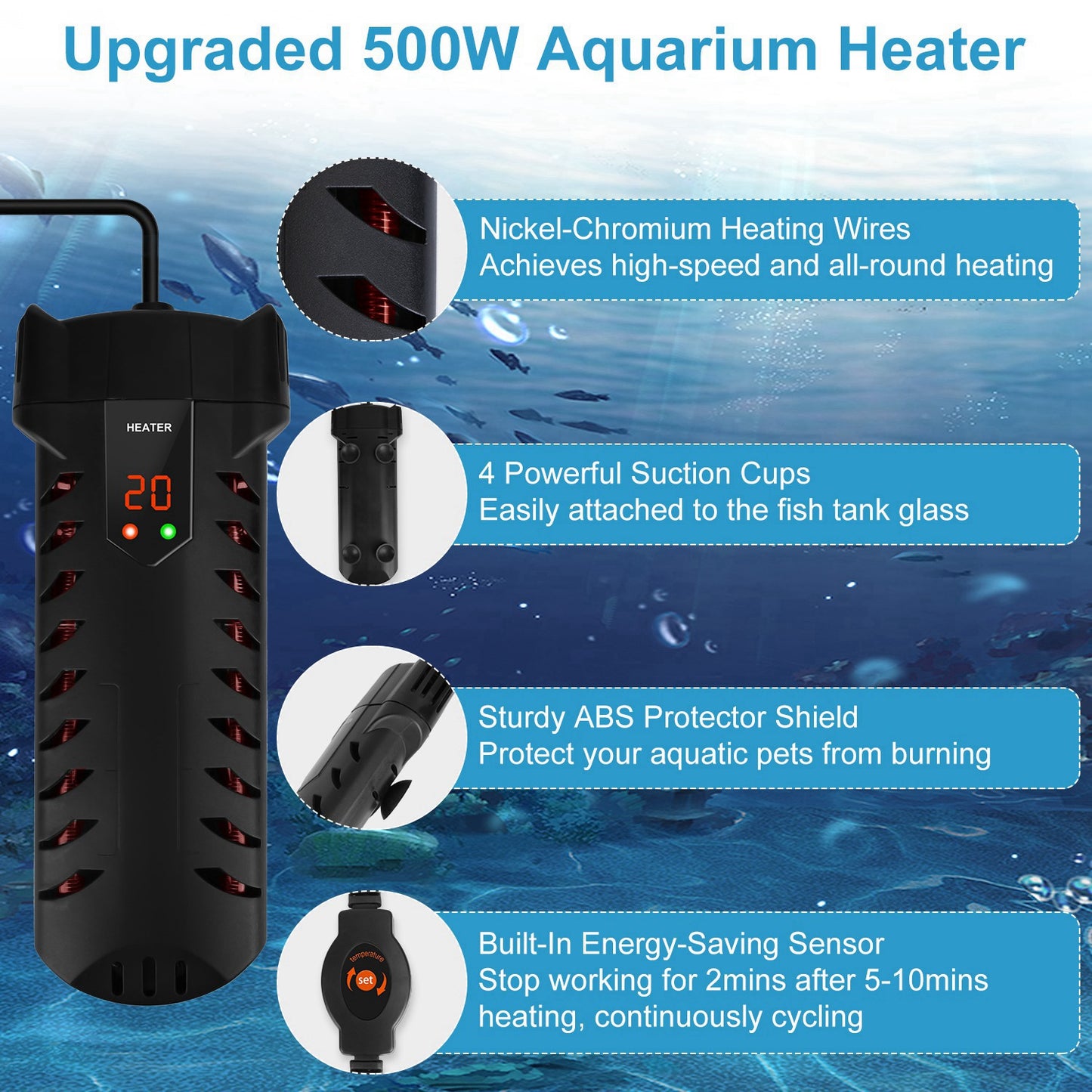 Submersible 500W Fish Tank Heater for Fresh & Saltwater