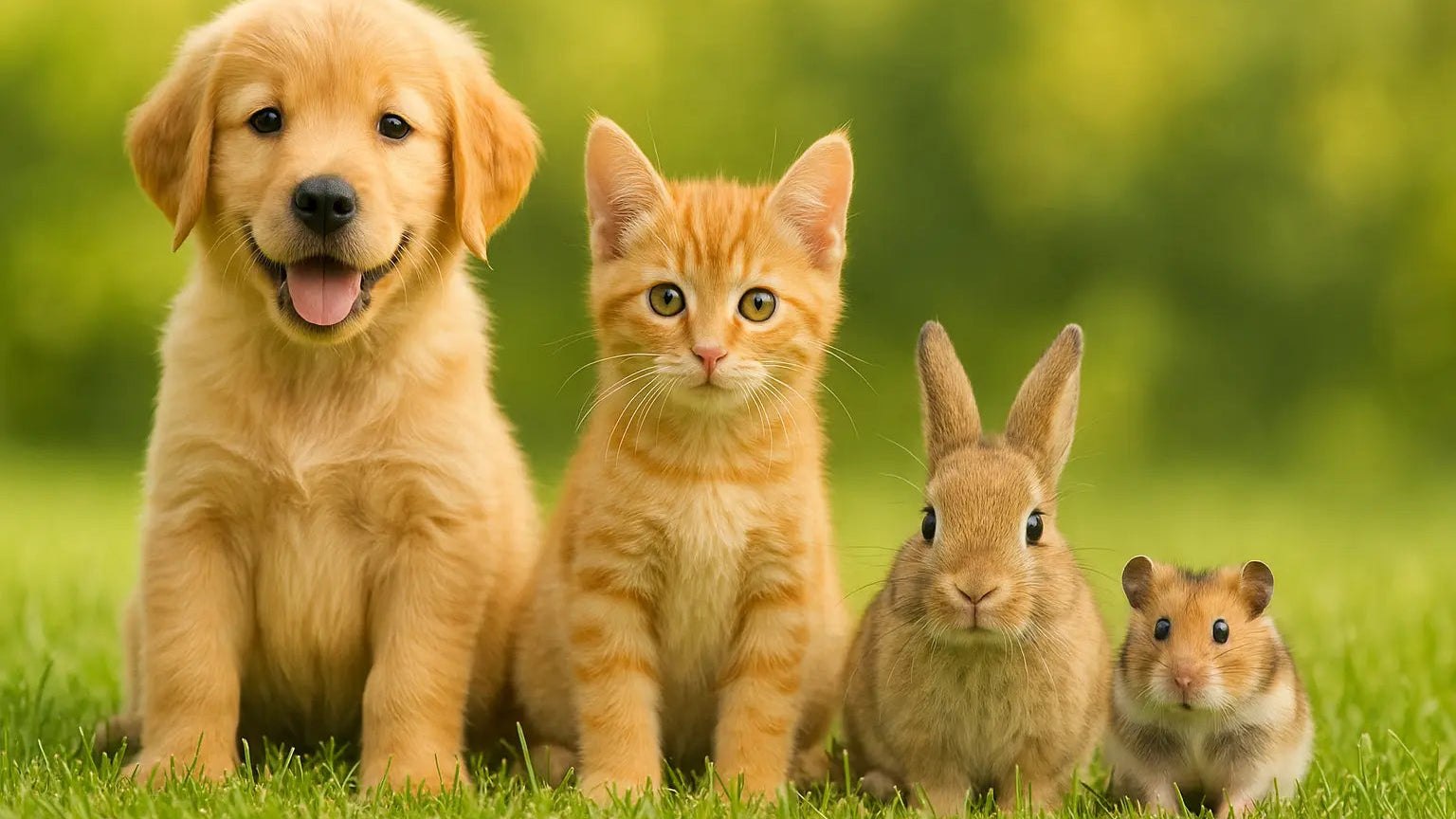 Puppy, cat, rabbit, and hamster standing together on grass with a blurred green background