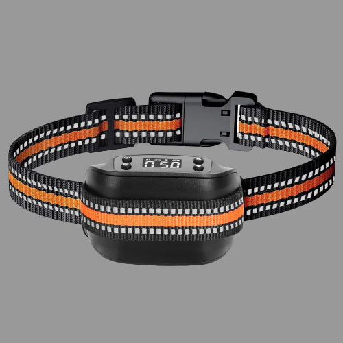 Black and orange dog collar with a digital display on a gray background