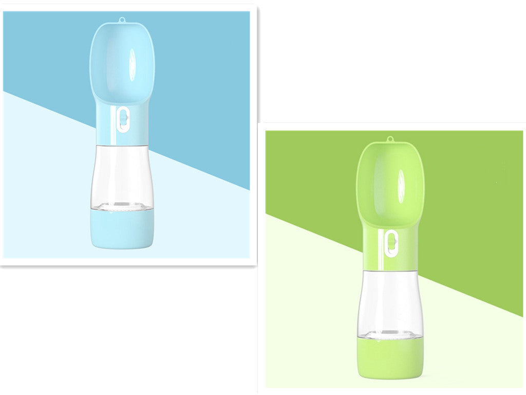 Two portable pet water bottles, one blue and one green, on a white background.