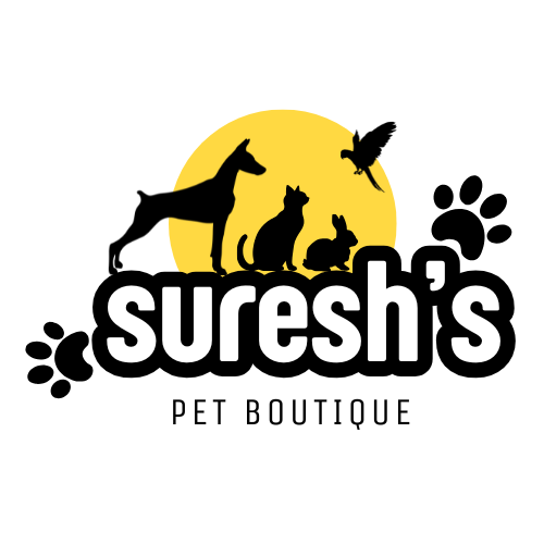Logo of Suresh's Pet Boutique with silhouettes of animals and a yellow circle on a white background.